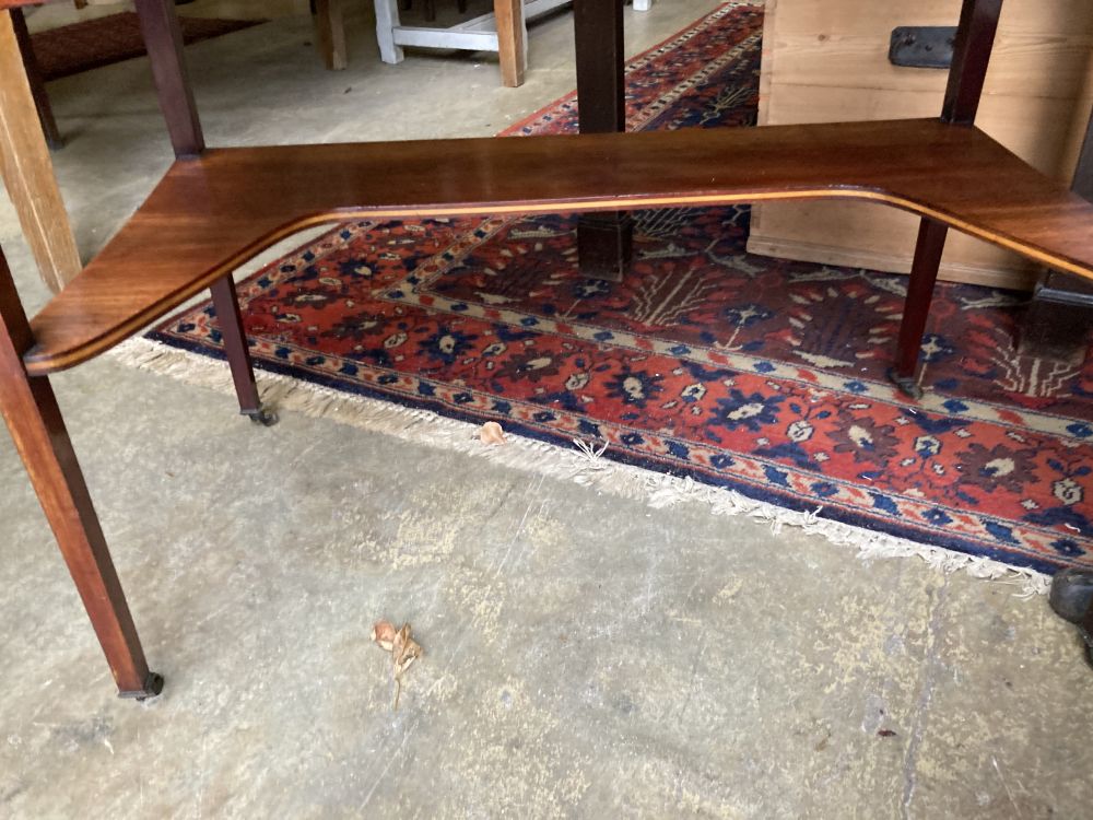 An Edwardian inlaid mahogany side table, the superstructure with an inset stained glass panel, width 95cm, depth 50cm, height 91cm